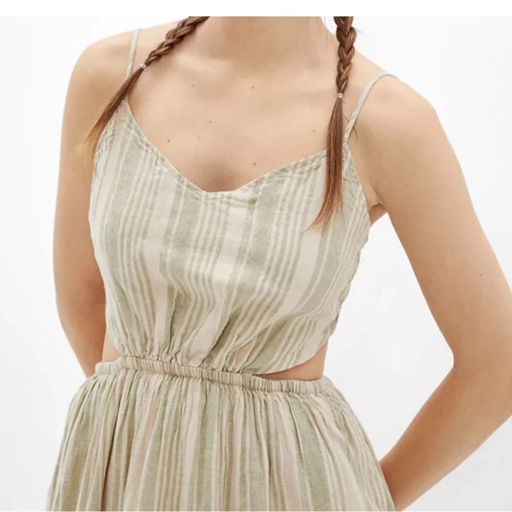 American Eagle Outfitters Green Beige Striped  Summer Cutout Midi Bow Dress - Picture 3 of 10